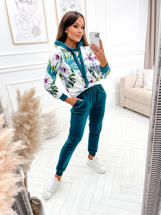 WELUROWY KOMPLET DRESOWY W KWIATY- BUTELKOWA ZIELEŃ