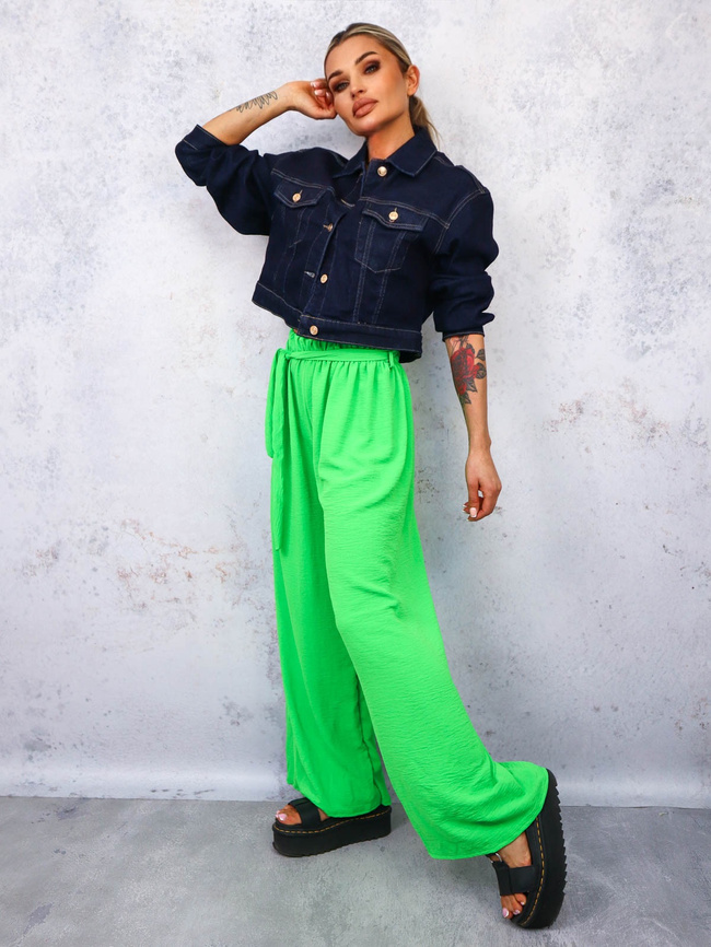 SPODNIE SZEROKIE Z GUMĄ I WIĄZANIEM W PASIE- ZIELONE