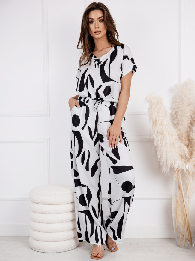 KOMPLET BIAŁO-CZARNY WE WZORY SPODNI+ BLUZKA