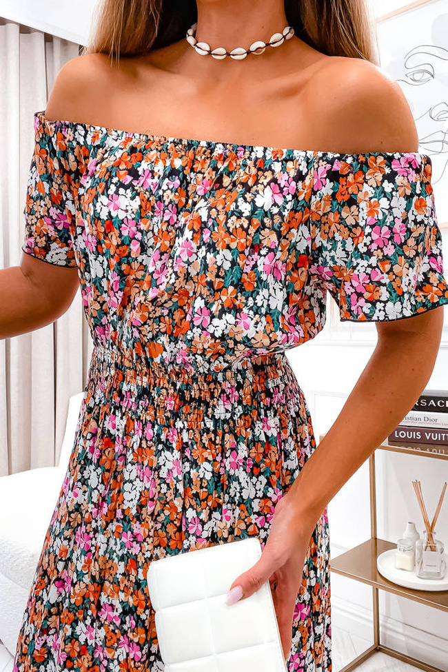 SUKIENKA HISZPANKA W KWIATY Z GUMĄ W PASIE- POMARAŃCZOWA