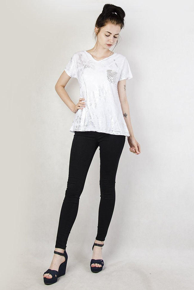 Biała bluzka w srebrne palmy, z cekinową kieszonką