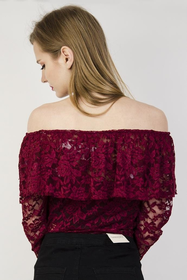 Koronkowe bordowe body z hiszpańskim dekoltem