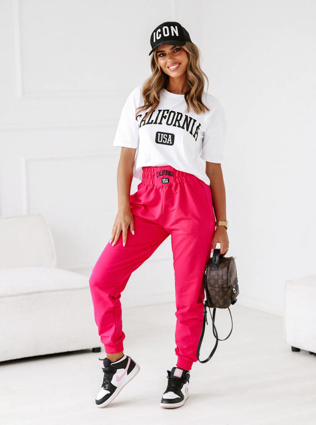 KOMPLET DRESOWY Z NAPISEM T-SHIRT+ SPODNIE- FUKSJA