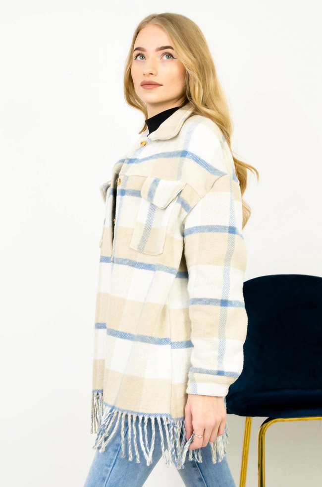 BEŻOWO-NEBIESKO-BIAŁY PŁASZCZ W KRATĘ Z FRĘDZLAMI