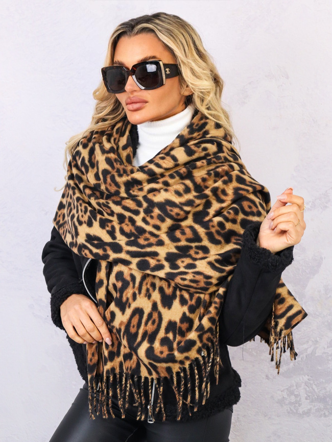 SZAL W PANTERKĘ Z FRĘDZLAMI- BRĄZOWY