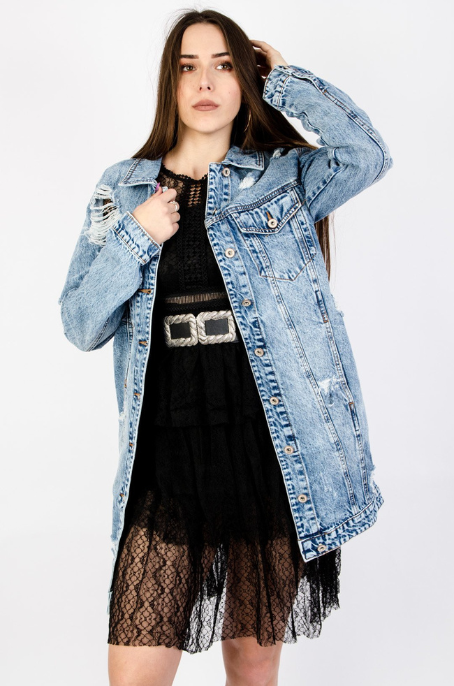 DŁUGA KURTKA JEANSOWA Z PRZETARCIAMI