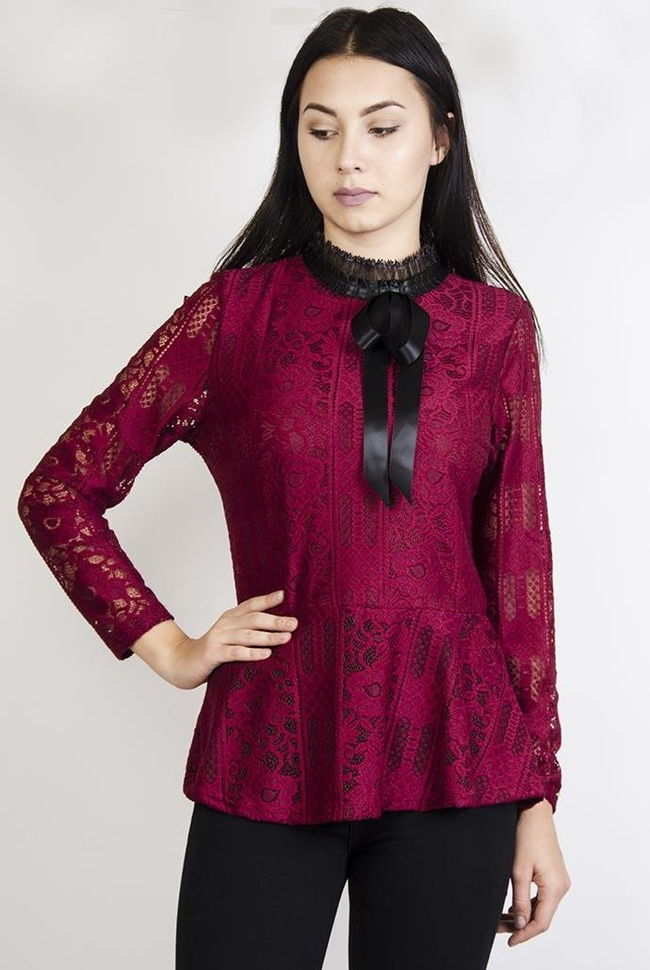 Bordowa bluzka z baskinką i czarnymi wstawkami