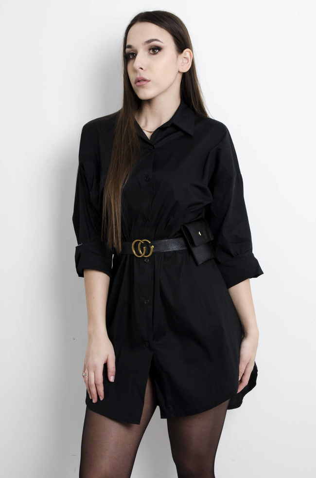 KOSZULA DŁUGA Z PASKIEM I SASZETKĄ- CZARNA