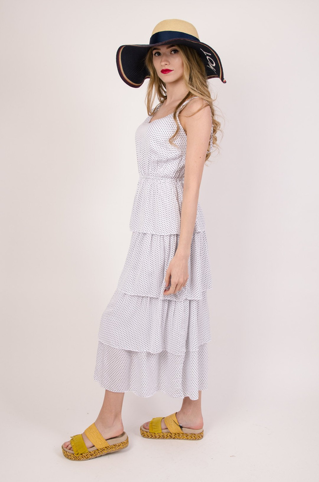 Biała sukienka z falbanami w czarne kropki