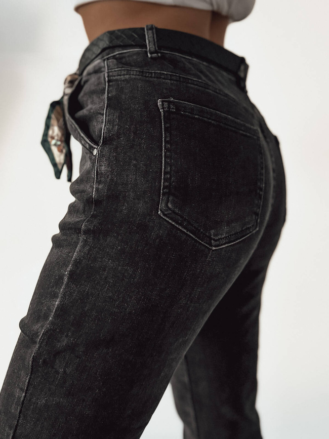 CZARNE SPODNIE JEANSOWE MOM FIT Z WYSOKIM STANEM+ PASEK ZE WSTĄŻKĄ