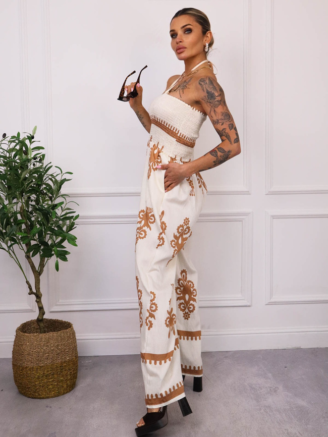 KOMBINEZON WZORZYSTY BEZ RAMIĄCZEK- BEŻOWY