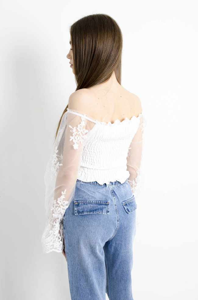 BIAŁA BLUZKA HISZPANKA Z TIULOWYMI RĘKAWAMI 