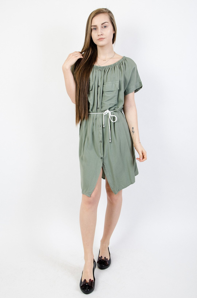 ZIELONA SUKIENKA HISZPANKA NA GUMCE WIĄZANA W PASIE