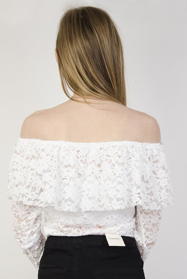 Koronkowe białe body z hiszpańskim dekoltem