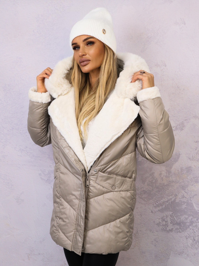 KURTKA PIKOWANA PUCHOWA Z FUTERKIEM NA RĘKAWACH- BEŻOWA