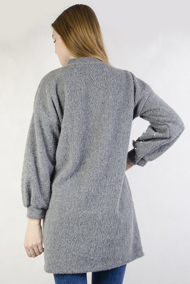 Szara tunika z koralikami, włochata