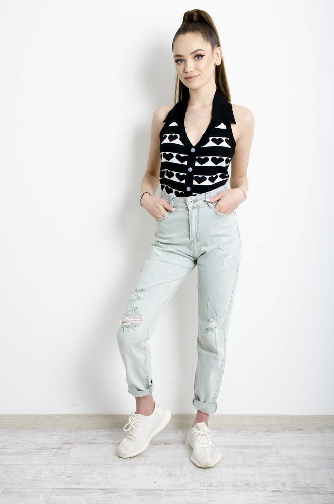 SPODNIE JEANSOWE MOM FIT Z DZIURAMI- ZIELONE