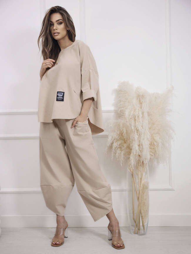 KOMPLET OVERSIZE SPODNIE+ T-SHIRT- BEŻOWY