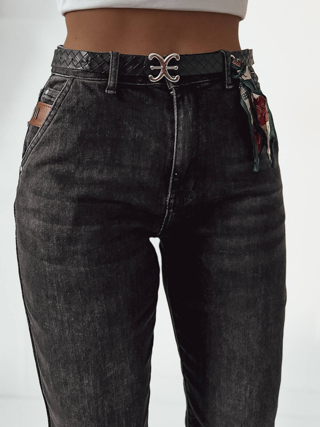 CZARNE SPODNIE JEANSOWE MOM FIT Z WYSOKIM STANEM+ PASEK ZE WSTĄŻKĄ