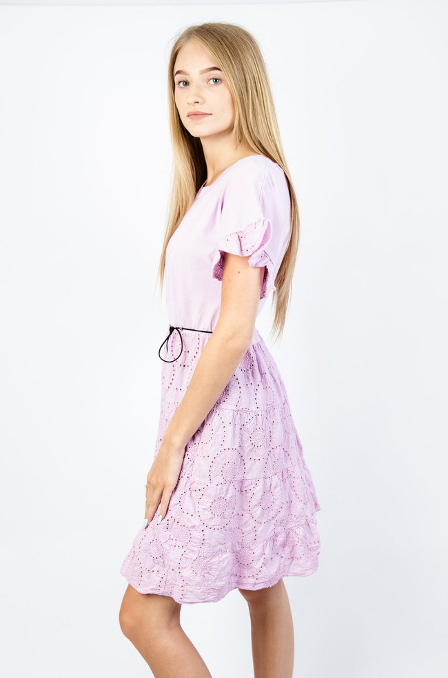 FIOLETOWA BAWEŁNIANA AŻUROWA SUKIENKA Z HAFTEM