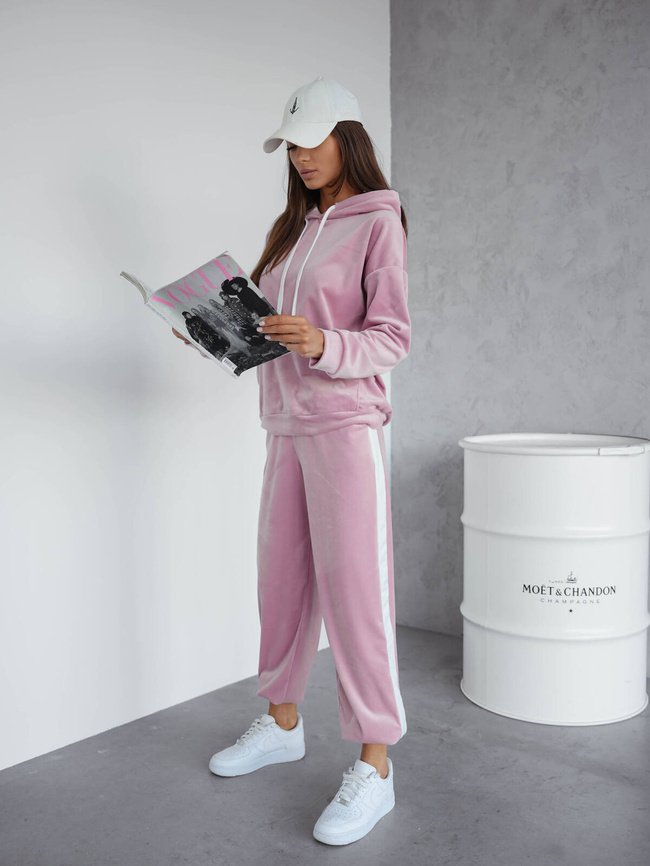 KOMPLET WELUROWY BLUZA+ SPODNIE Z KONTRASTOWYMI LAMPASAMI- PUDROWY