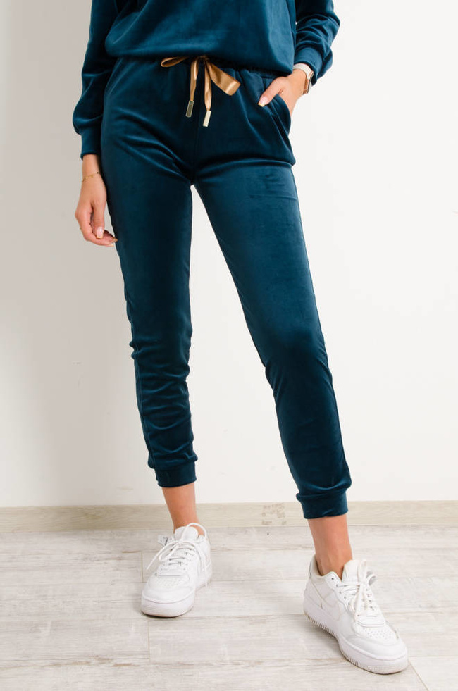 KOMPLET DRESOWY WELUROWY Z OZDOBNĄ NASZYWKĄ-  CIEMNY TURKUS