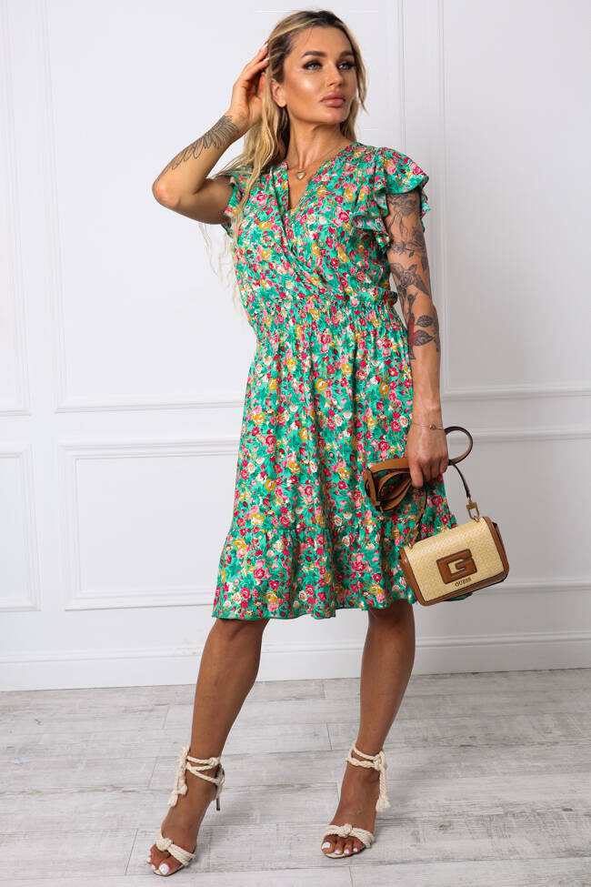 SUKIENKA MINI  W KWIATY Z KOPERTOWYM DEKOLTEM- ZIELONA