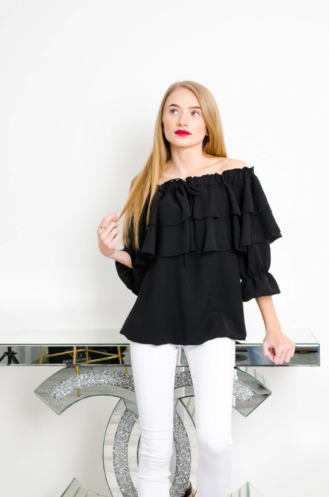 CZARNA BLUZKA HISZPANKA Z WIĄZANIEM W DEKOLCIE