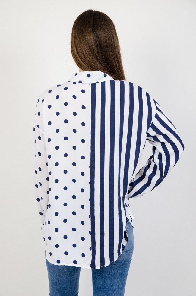 Biała koszula w granatowe grochy i pasy