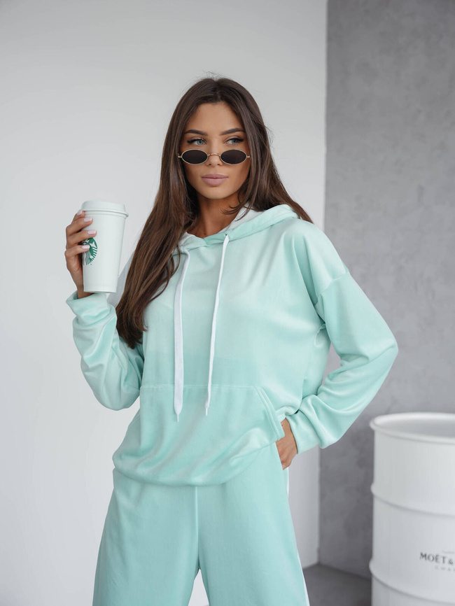 KOMPLET WELUROWY BLUZA+ SPODNIE Z KONTRASTOWYMI LAMPASAMI- MIĘTOWY