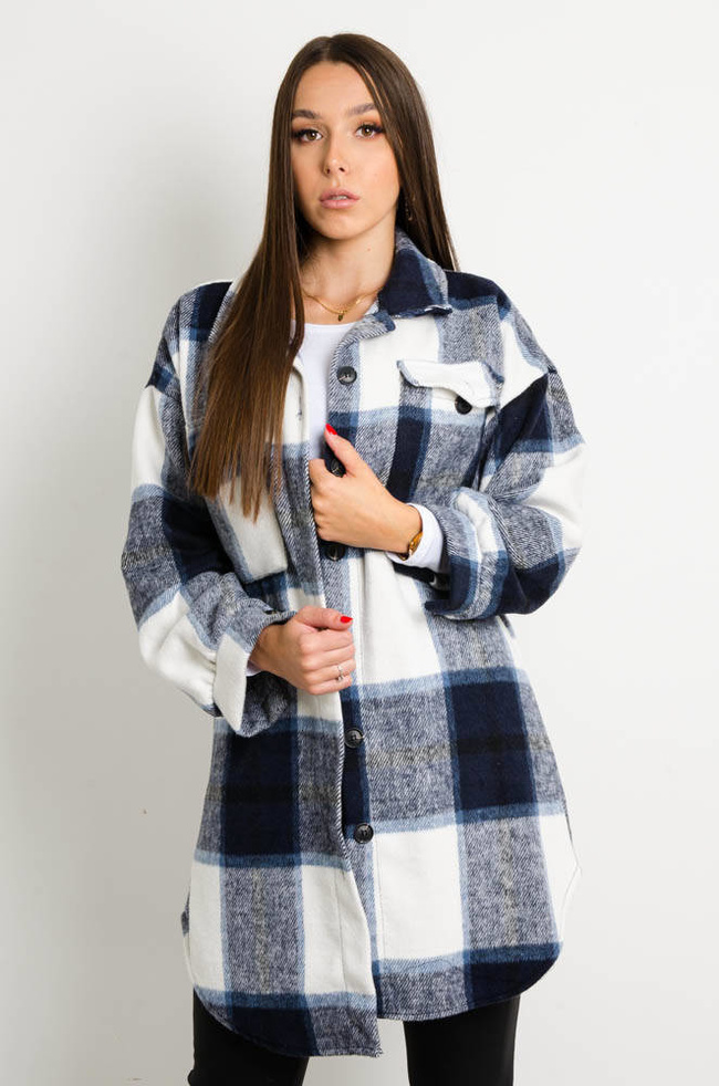 GRANATOWY PŁASZCZ KOSZULOWY W KRATĘ 