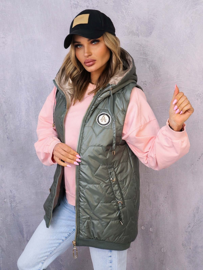 ASYMETRYCZNA KAMIZELKA Z OZDOBNĄ NASZYWKĄ- ZIELONA