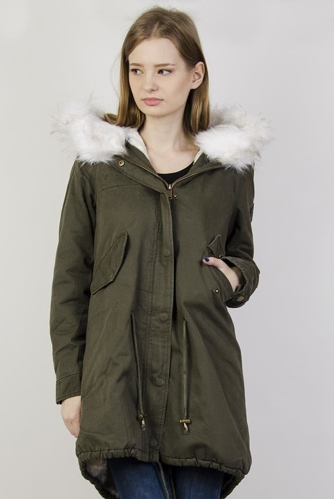 Kurtka khaki typu parka z białym futerkiem