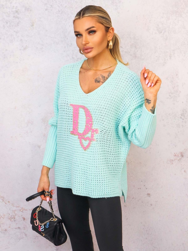SWETER OVERSIZE O KROJU NIETOPERZA Z OZDOBNĄ APLIKACJĄ- ZIELONY