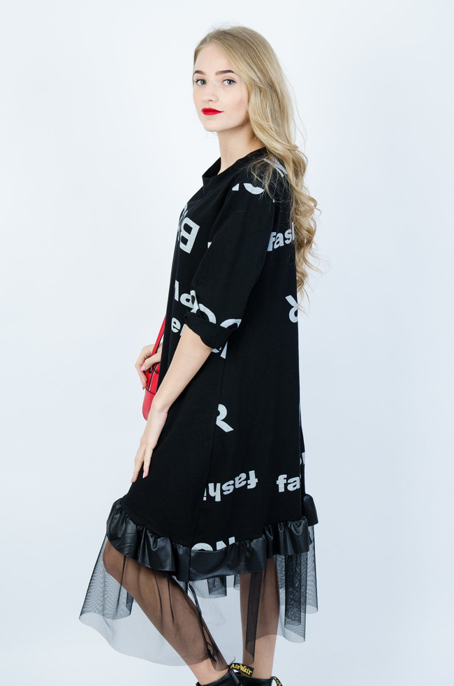 CZARNA DZIANINOWA SUKIENKA Z TIULOWYM DOŁEM