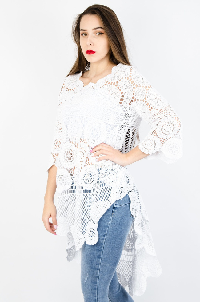 BIAŁA ASYMETRYCZNA TUNIKA AŻUROWA 