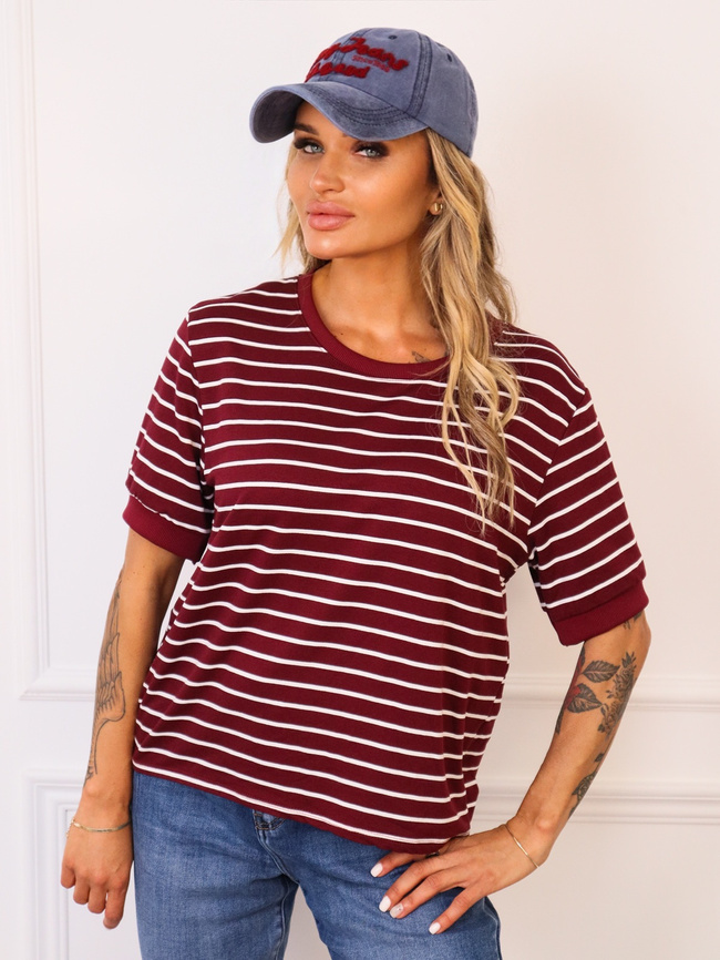 T-SHIRT OVERSIZE W PASKI- BORDOWY