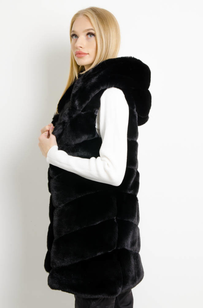CZARNA FUTRZANA KAMIZELKA Z KAPTUREM (M-XXL)