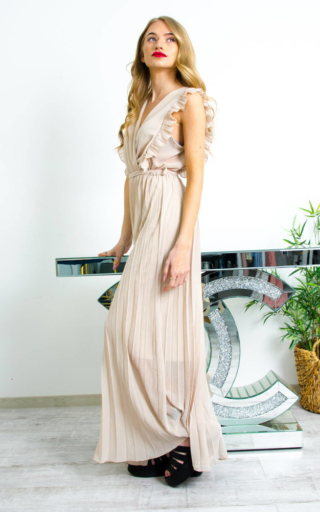BEŻOWA DŁUGA SUKIENKA MAXI Z PLISOWANYM DOŁEM 