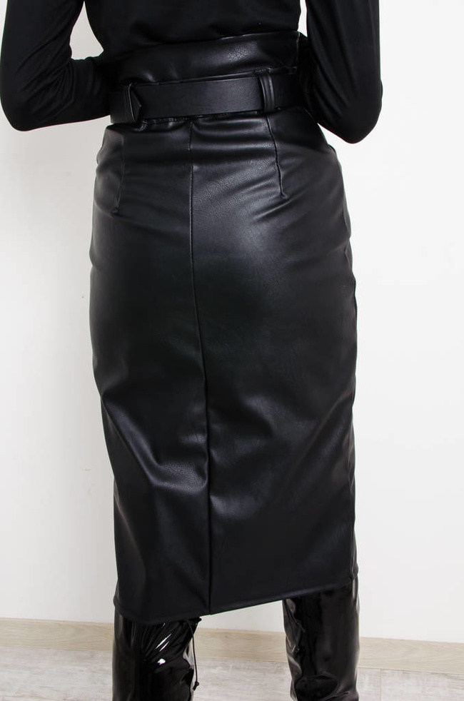CZARNA SPÓDNICA MIDI Z IMITACJI SKÓRY Z ROZCIĘCIEM+ PASEK