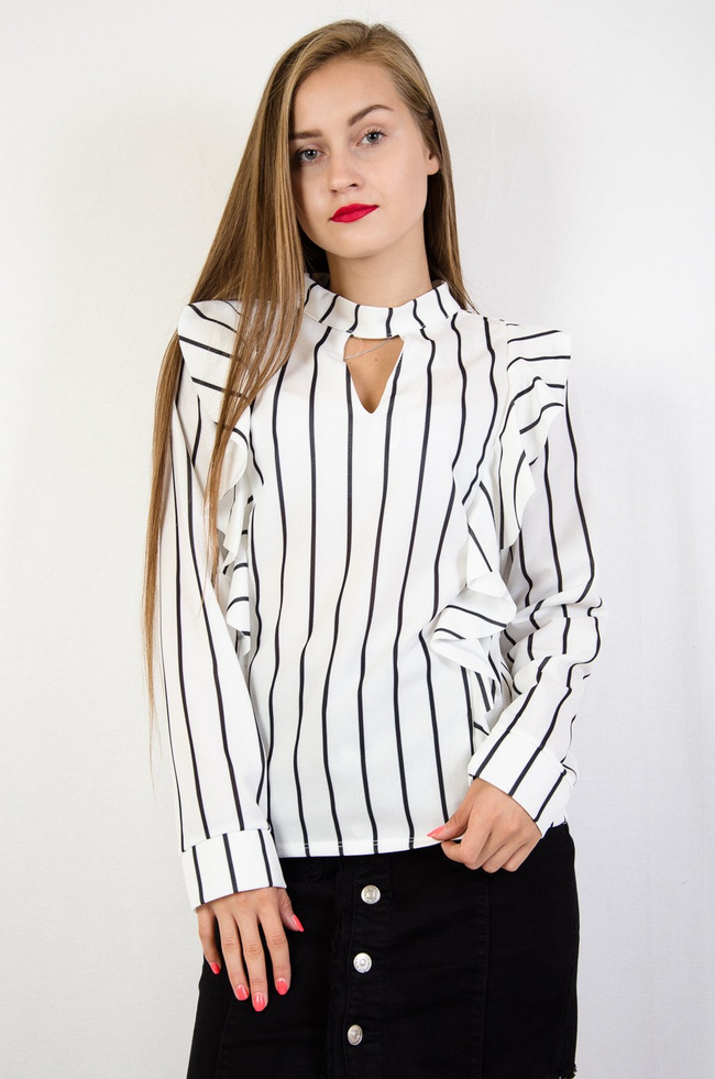 Biała bluzka w czarne paski z falbanami po bokach