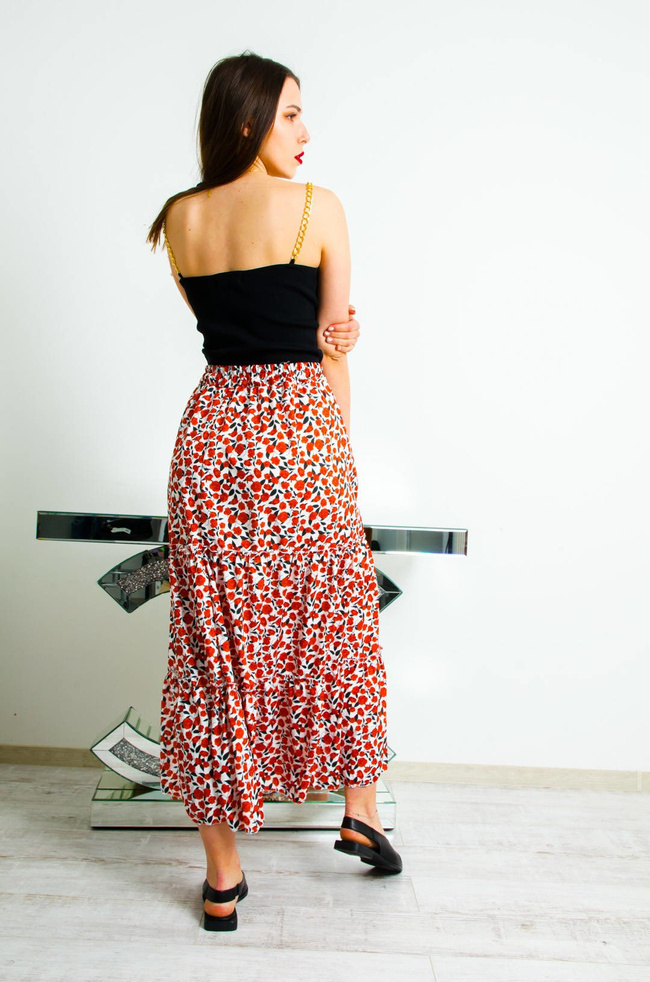 DŁUGA BIAŁO CZERWONA SPÓDNICA MAXI W KWIATY