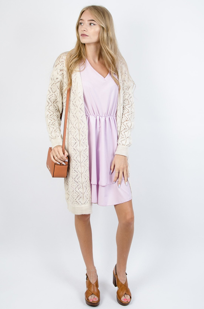 DŁUGI BEŻOWY AŻUROWY SWETER ZAPINANY NA GUZIKI