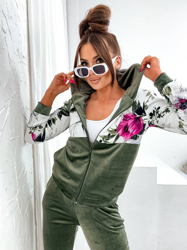 KOMPLET DRESOWY SPODNIE+ BLUZA ZAPINANA NA ZAMEK W KWIATY- KHAKI