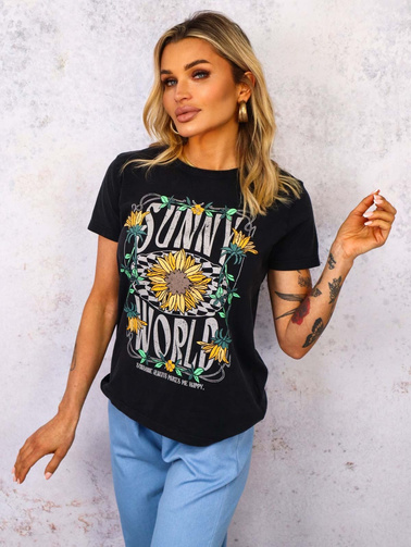 CZARNY DEKATYZOWANY T-SHIRT Z KOLOROWYM PRINTEM