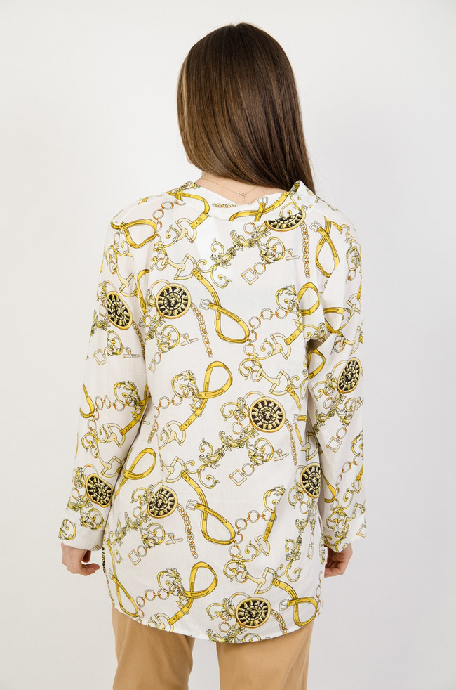 Kremowa bluzka koszulowa w żółte wzory 