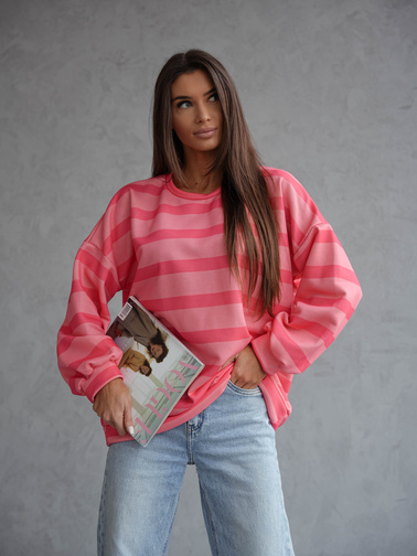 BLUZA OVERSIZE W PASKI- RÓŻOWA