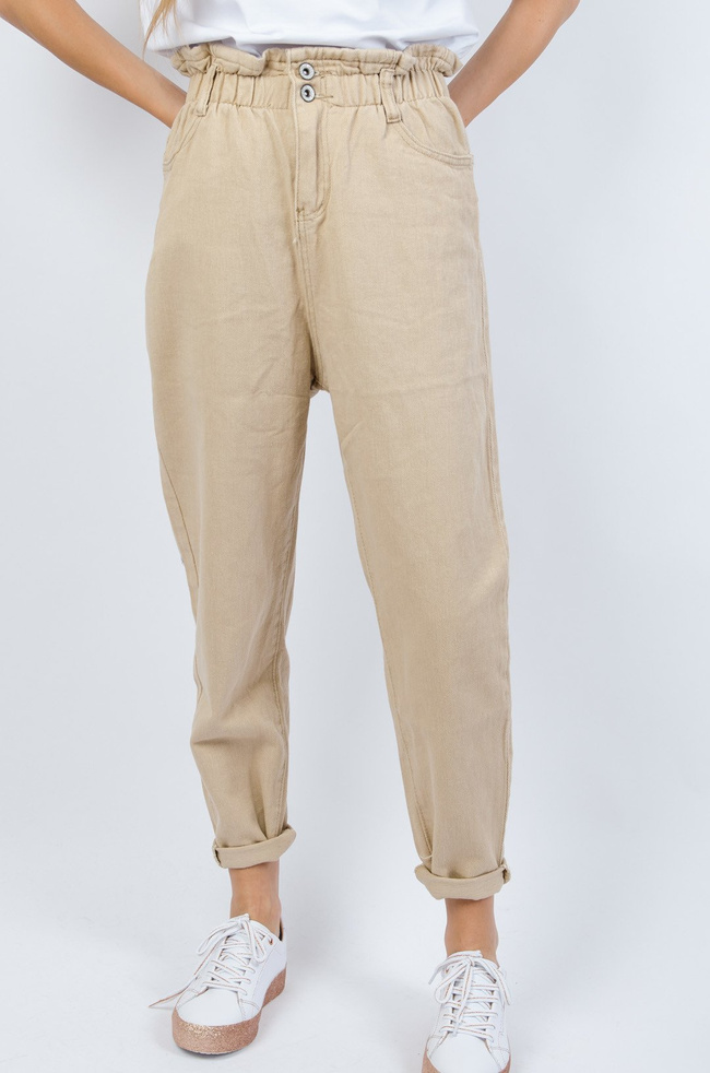 BEŻOWE SPODNIE MOM JEANS Z GUMĄ W PASIE-WYSOKI STAN