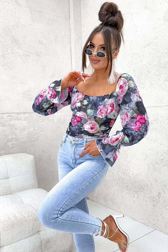 BLUZKA HISZPANKA W KWIATY-CZARNA