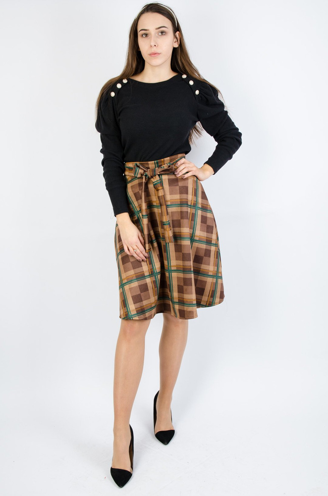 Spódnica midi w brązową kratę z wiązaniem w pasie